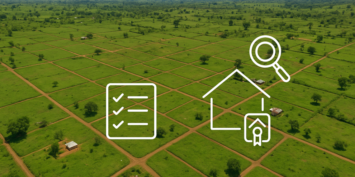 Aerial view of subdivided land plots in Bungoma, Kenya showing green fields, access roads, boundary lines, survey icons, and a title deed checklist overlay.