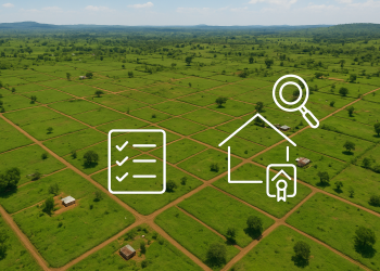 Aerial view of subdivided land plots in Bungoma, Kenya showing green fields, access roads, boundary lines, survey icons, and a title deed checklist overlay.