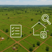 Aerial view of subdivided land plots in Bungoma, Kenya showing green fields, access roads, boundary lines, survey icons, and a title deed checklist overlay.