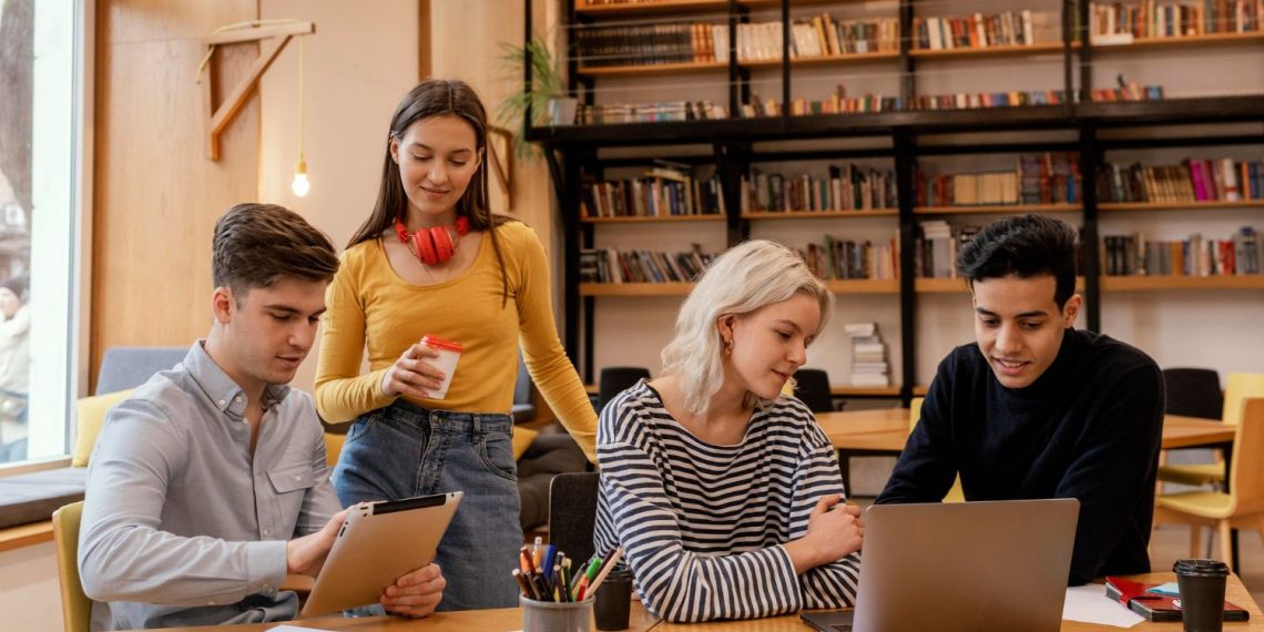 International students studying together in a European university setting, highlighting affordable tuition-free opportunities
