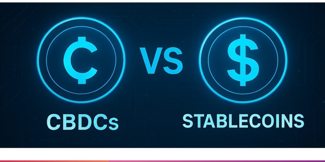 Visual comparison of CBDCs versus stablecoins, showing digital currency symbols representing government-issued and private digital money.