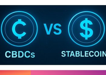 Visual comparison of CBDCs versus stablecoins, showing digital currency symbols representing government-issued and private digital money.