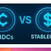 Visual comparison of CBDCs versus stablecoins, showing digital currency symbols representing government-issued and private digital money.