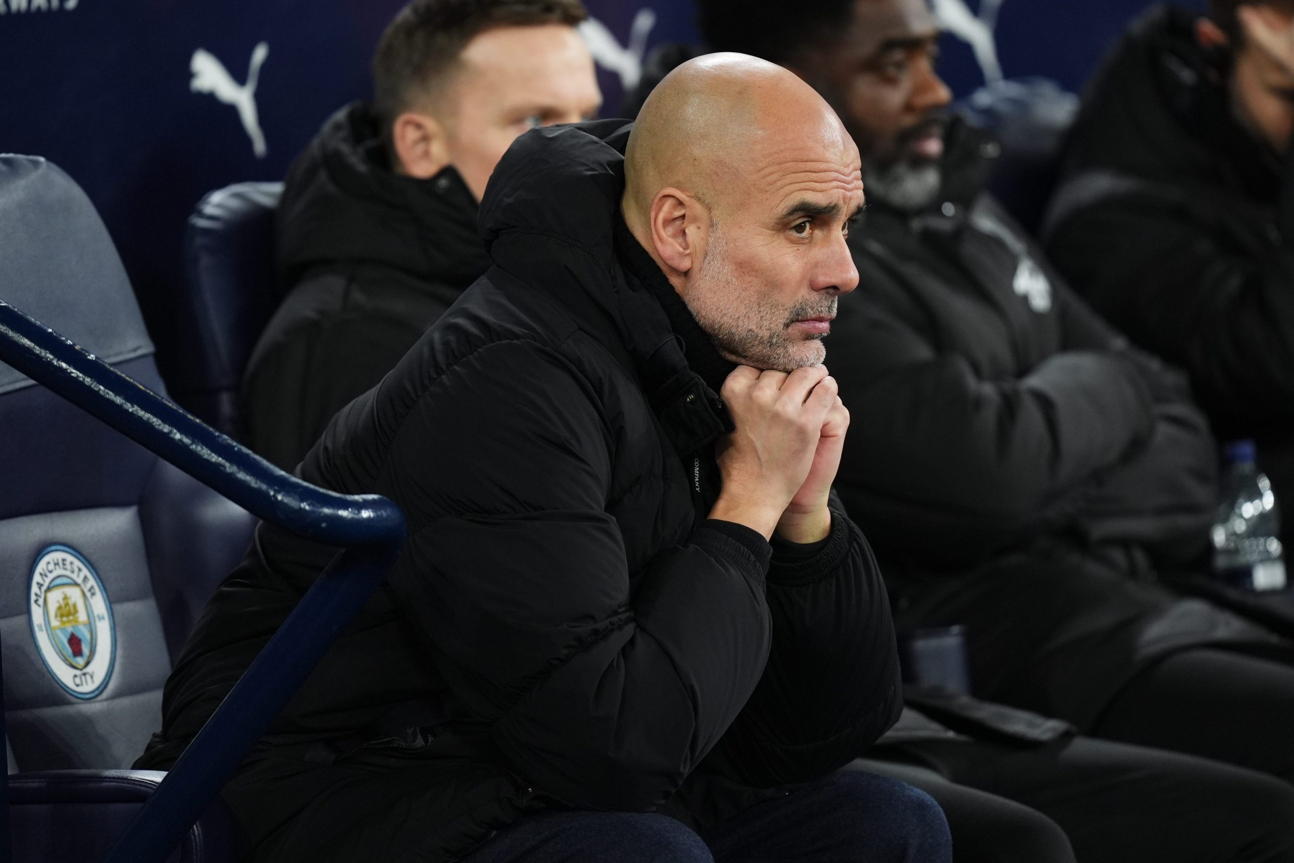Pep Guardiola on the touchline – he personally pursued Semenyo's signing