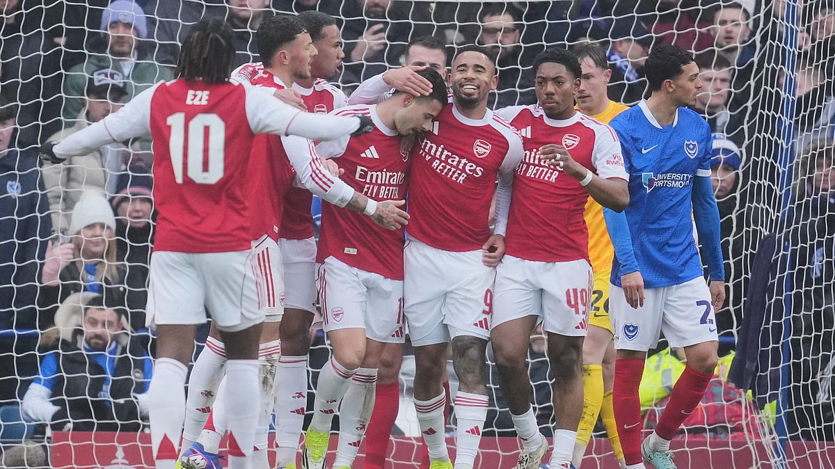 Gabriel Martinelli celebrates goal for Arsenal against Portsmouth