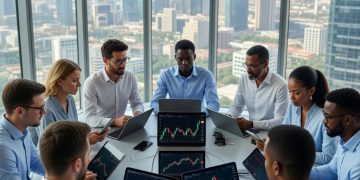 Diverse group of investors from Qatar and Kenya analyzing US stock market charts and trends on multiple laptops and tablets during a professional investment meeting in a modern Doha skyline boardroom, 2026