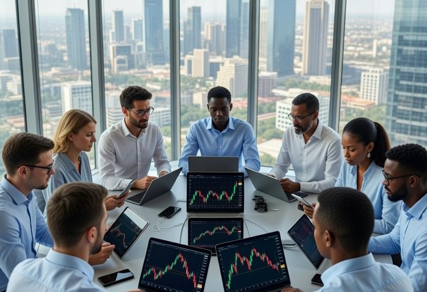 Diverse group of investors from Qatar and Kenya analyzing US stock market charts and trends on multiple laptops and tablets during a professional investment meeting in a modern Doha skyline boardroom, 2026