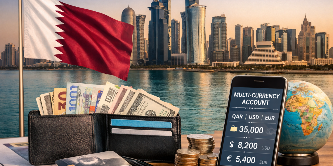 Multi-currency bank account in Qatar shown with Doha skyline, passport, and international currencies for expats