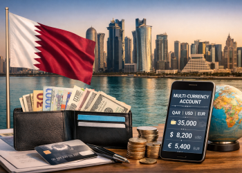Multi-currency bank account in Qatar shown with Doha skyline, passport, and international currencies for expats