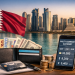 Multi-currency bank account in Qatar shown with Doha skyline, passport, and international currencies for expats