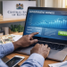 Kenyan investor at a desk using a laptop to invest in government bonds with Kenyan shillings and charts in landscape view