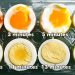 Halved boiled eggs in a carton showing yolk texture at 1, 3, 5, 7, 9, 11, 13, and 15 minutes of boiling — from runny to fully hard.