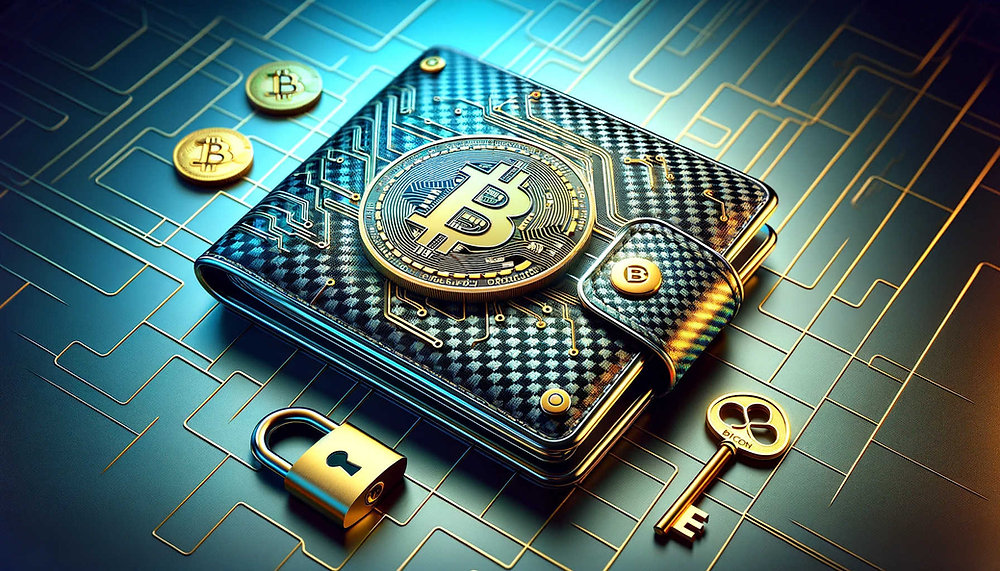 A secure cryptocurrency wallet with a Bitcoin symbol, digital circuitry design, and a padlock and key representing crypto asset protection.