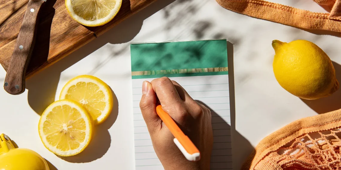 Flat-lay of fresh lemon slices on wooden board, green notepad with orange pen writing, yellow teapot, and orange mesh tote bag on marble surface.