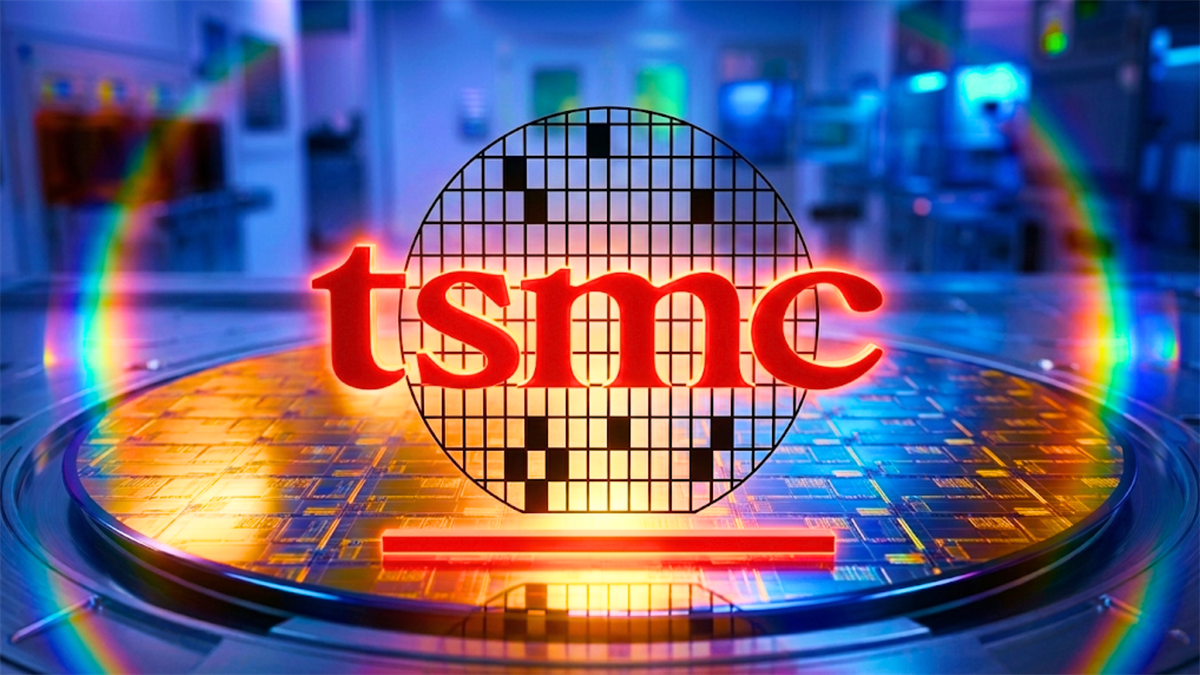 TSMC logo overlaid on a semiconductor wafer