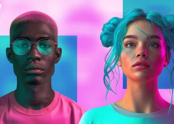 Two AI-generated digital influencers shown in neon lighting with modern futuristic styling