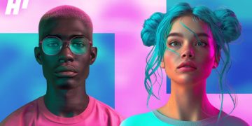 Two AI-generated digital influencers shown in neon lighting with modern futuristic styling