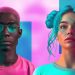 Two AI-generated digital influencers shown in neon lighting with modern futuristic styling