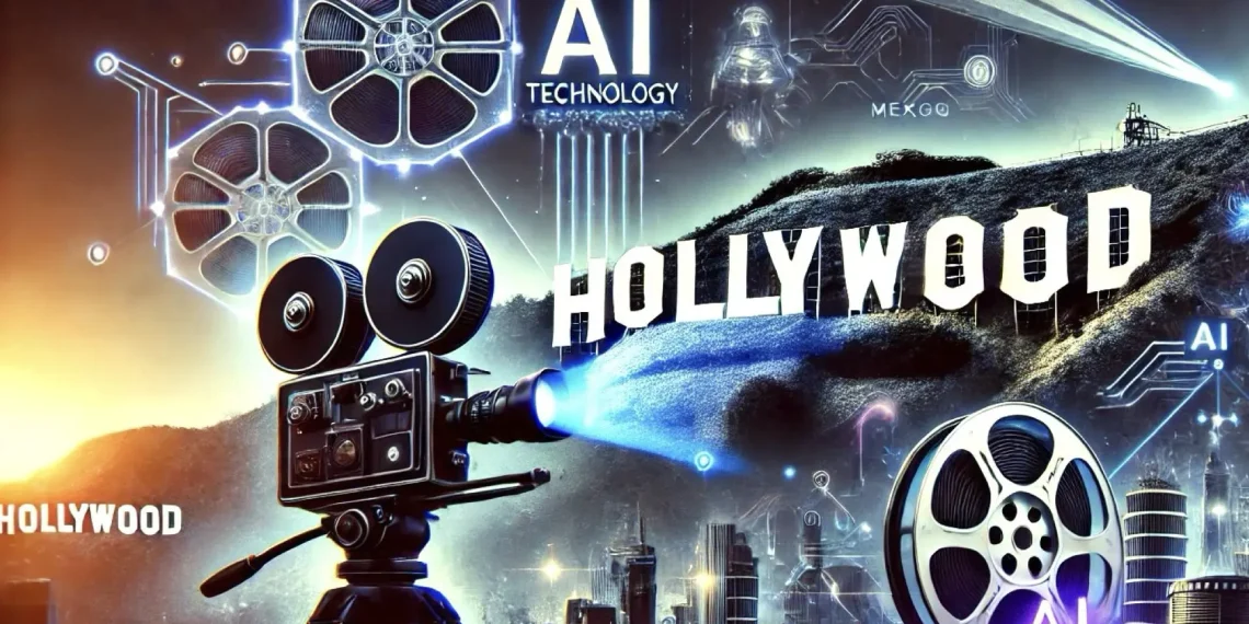 AI technology visualized alongside a film camera projecting toward the Hollywood sign