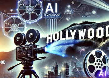 AI technology visualized alongside a film camera projecting toward the Hollywood sign