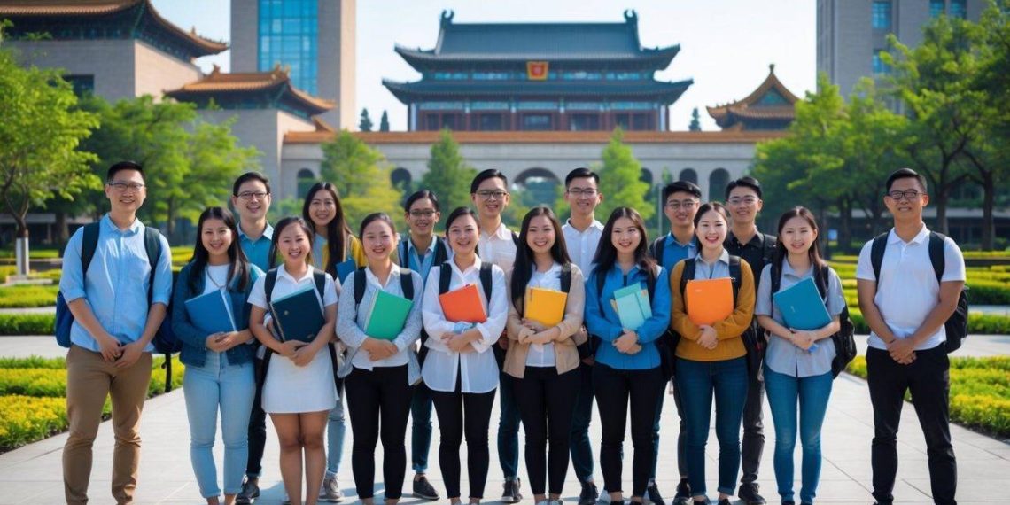 Group of international students holding books and folders while standing on a university campus in China with traditional Chinese architecture in the background.