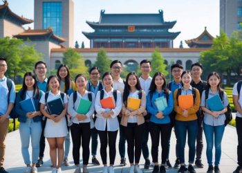 Group of international students holding books and folders while standing on a university campus in China with traditional Chinese architecture in the background.