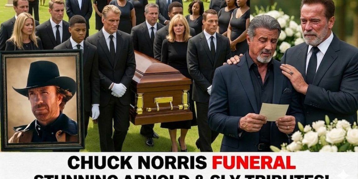 Chuck Norris funeral procession with Sylvester Stallone and Arnold Schwarzenegger paying tribute
