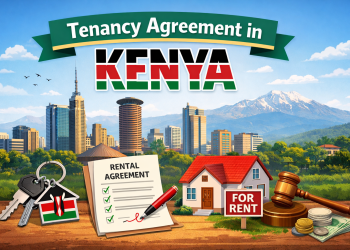 Tenancy agreement in Kenya showing rental contract, house, keys and Nairobi skyline illustrating rent terms and tenant rights