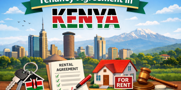 Tenancy agreement in Kenya showing rental contract, house, keys and Nairobi skyline illustrating rent terms and tenant rights