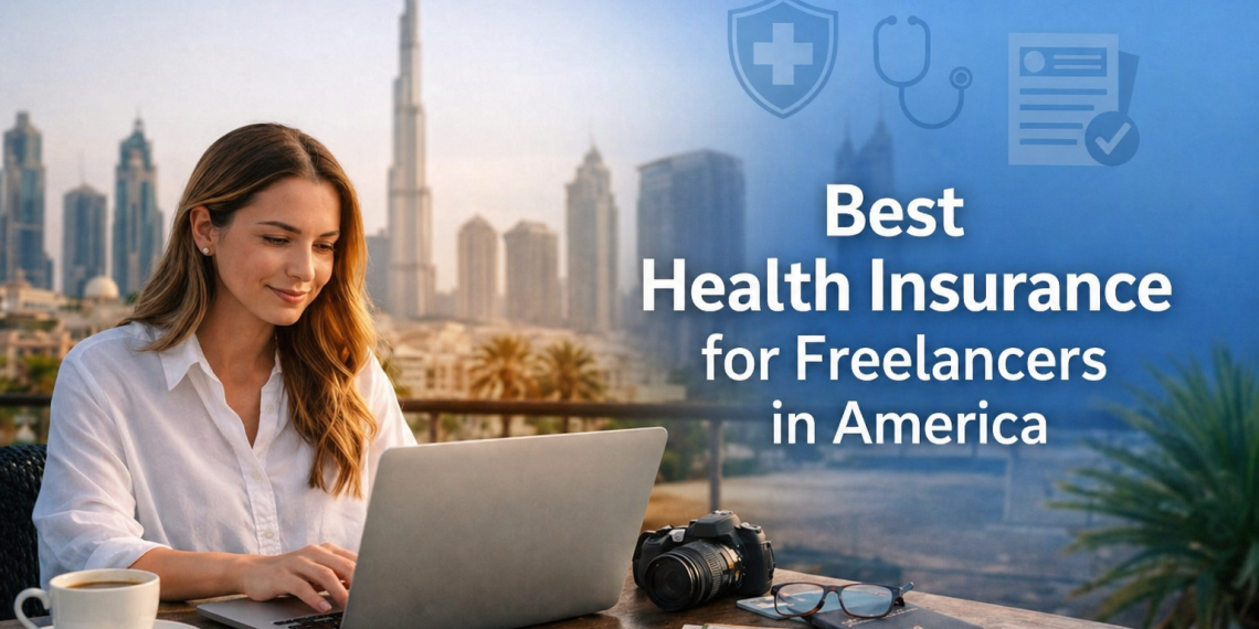 Freelancer woman working on a laptop with Dubai skyline background illustrating best health insurance options for freelancers in America