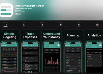 “Mobile budgeting app screenshots showing features for simple budgeting, tracking expenses, planning and money analytics.”