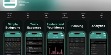 “Mobile budgeting app screenshots showing features for simple budgeting, tracking expenses, planning and money analytics.”