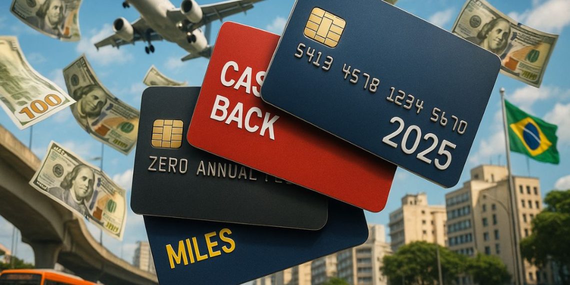 Stack of credit cards labeled cashback, zero annual fee and miles with cash flying in the air and an airplane overhead, symbolizing high-paying travel and rewards credit cards