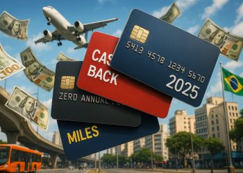 Stack of credit cards labeled cashback, zero annual fee and miles with cash flying in the air and an airplane overhead, symbolizing high-paying travel and rewards credit cards