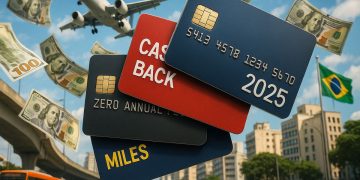 Stack of credit cards labeled cashback, zero annual fee and miles with cash flying in the air and an airplane overhead, symbolizing high-paying travel and rewards credit cards