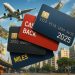 Stack of credit cards labeled cashback, zero annual fee and miles with cash flying in the air and an airplane overhead, symbolizing high-paying travel and rewards credit cards
