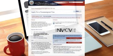 How to apply for a US visa online – DS‑160 nonimmigrant visa application form on laptop with coffee and notebook on desk