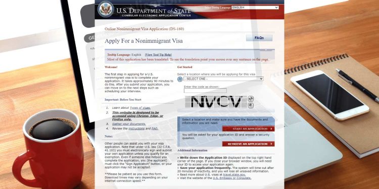 How to apply for a US visa online – DS‑160 nonimmigrant visa application form on laptop with coffee and notebook on desk