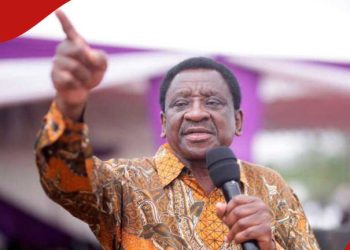 Siaya Governor James Orengo pointing finger while addressing crowd at Linda Mwananchi mega rally in Nakuru on April 19, 2026