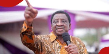 Siaya Governor James Orengo pointing finger while addressing crowd at Linda Mwananchi mega rally in Nakuru on April 19, 2026