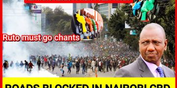 Protesters clash with police in Nairobi CBD during June 2024 Finance Bill protests with tear gas and blocked roads