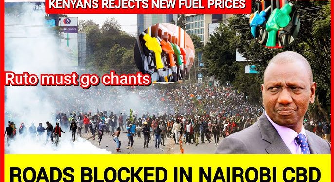 Protesters clash with police in Nairobi CBD during June 2024 Finance Bill protests with tear gas and blocked roads