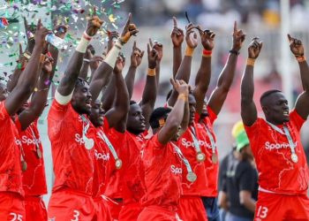Kenya Shujaa rugby team celebrates victory over USA at Hong Kong Sevens after winning 17-10 to reach quarterfinals
