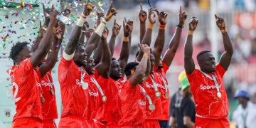 Kenya Shujaa rugby team celebrates victory over USA at Hong Kong Sevens after winning 17-10 to reach quarterfinals