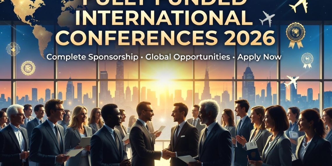 alt="Diverse group of young professionals networking at a luxury conference hall with a stunning city skyline at sunset, representing fully funded international conferences 2026 with complete sponsorship"