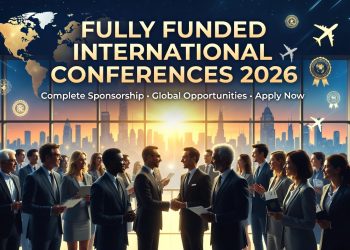 alt="Diverse group of young professionals networking at a luxury conference hall with a stunning city skyline at sunset, representing fully funded international conferences 2026 with complete sponsorship"