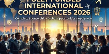 alt="Diverse group of young professionals networking at a luxury conference hall with a stunning city skyline at sunset, representing fully funded international conferences 2026 with complete sponsorship"