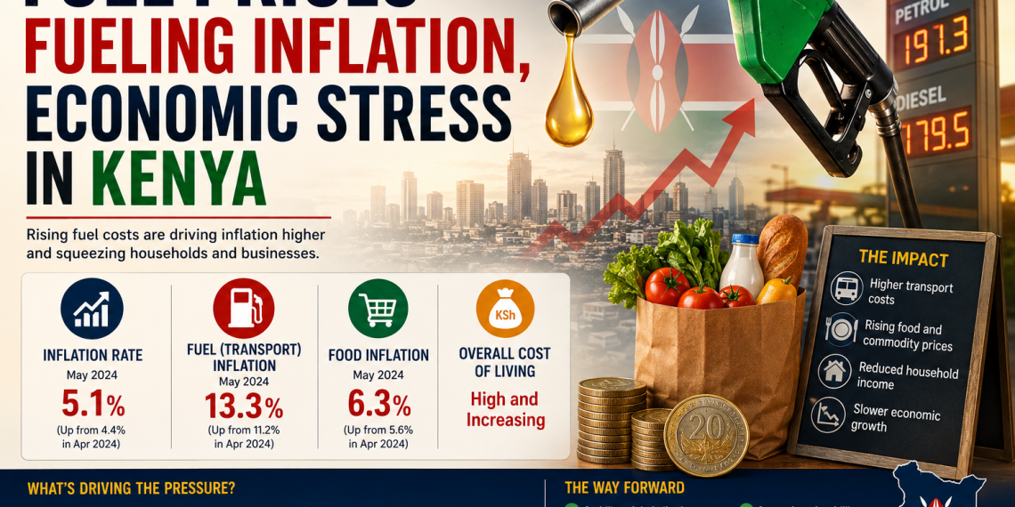 Infographic showing how rising fuel prices are driving inflation and economic stress in Kenya, with statistics on transport inflation, food prices, and cost of living increases.