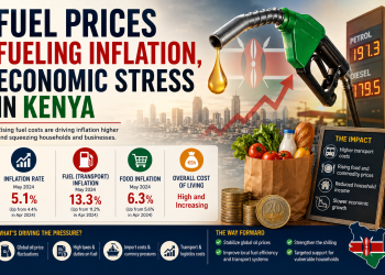 Infographic showing how rising fuel prices are driving inflation and economic stress in Kenya, with statistics on transport inflation, food prices, and cost of living increases.