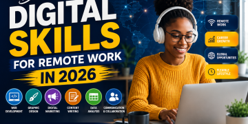 Featured image showing a remote worker using digital technology with the title “Best Digital Skills for Remote Work in 2026.”